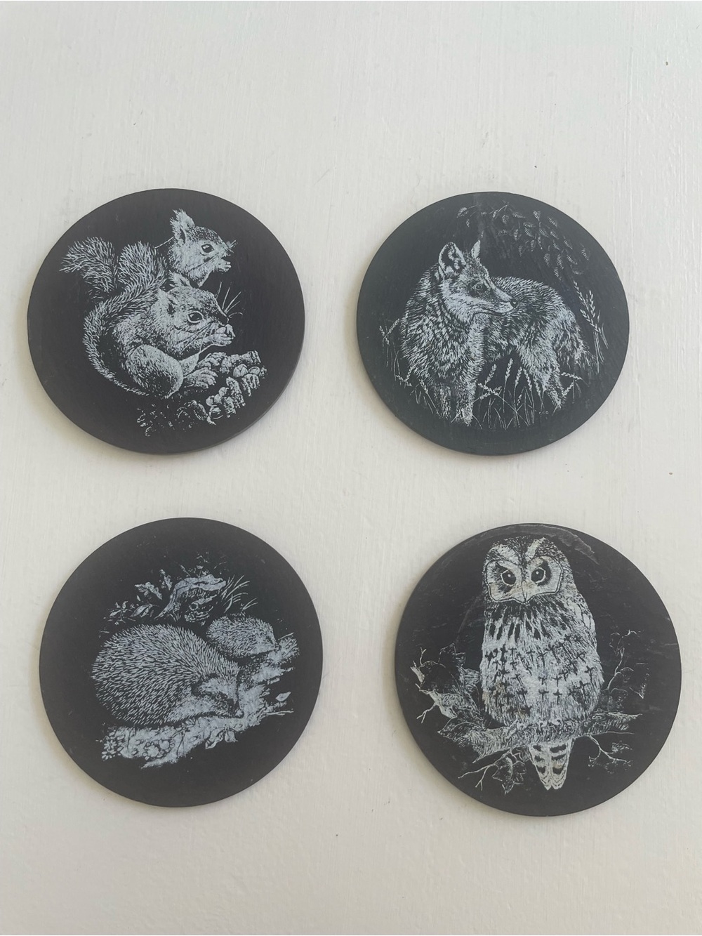 Welsh Slate Coasters Etched Stone Animals Set of 4 Bacchante Crafts Woodland